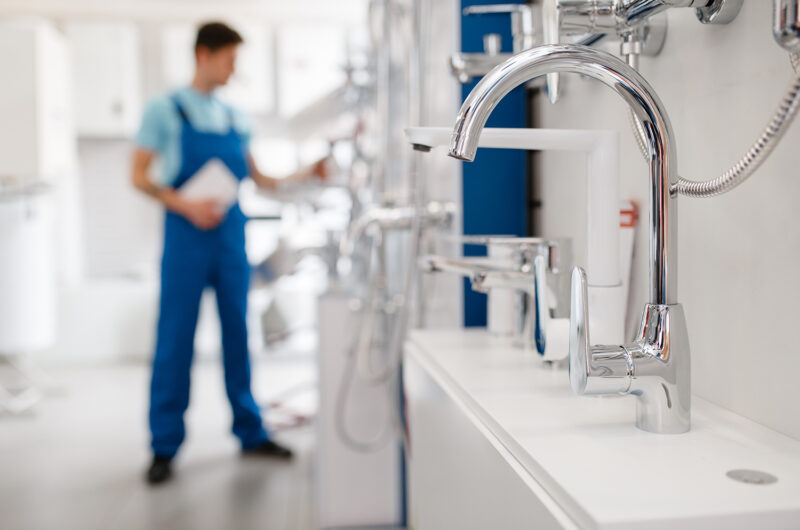 Plumber choosing faucet in plumbering store Plumber in uniform choosing faucet at showcase in plumbering store. Man with notebook buying sanitary engineering in shop