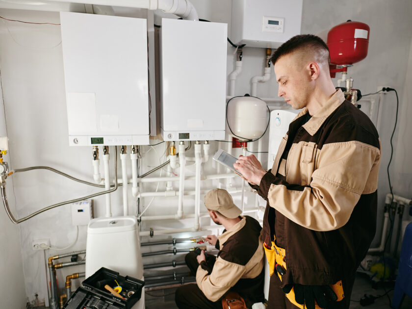 Young repairman scrolling in tablet against his colleague fixing pipe detail